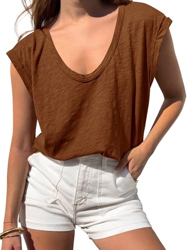 BTFBM Womens Tops Going Out Casual Oversized Summer Basic Tees 2026 V Neck T Shirts Trendy Blouse(Light Brown,Medium)