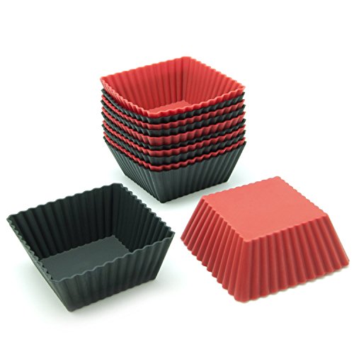Freshware 12-Pack Silicone Square Reusable Cupcake and Muffin Baking Cup, Black and Red Colors