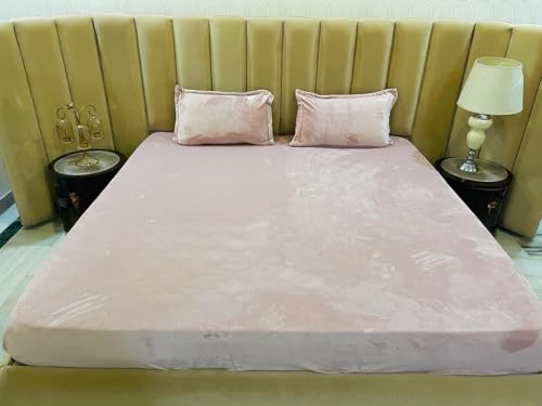 Image of Premium Velvet Solid Woollen Elastic Fitted Bedsheets for Double Bed Queen Size (Size 234 x 254 Cms), with 2 Pillow Covers Elastic, Covers (46 x 68 Cms) (Light Pink)