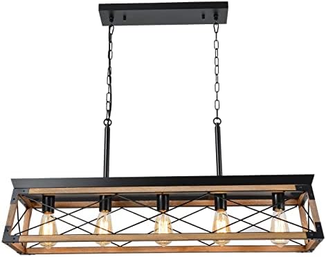 Bribyit Rustic Farmhouse Chandelier, Wood Dining Room Light Fixture, 5 Lights Rectangle Chandelier, Kitchen Island Hanging Light for Dining Living Room, Pool Table, Bar