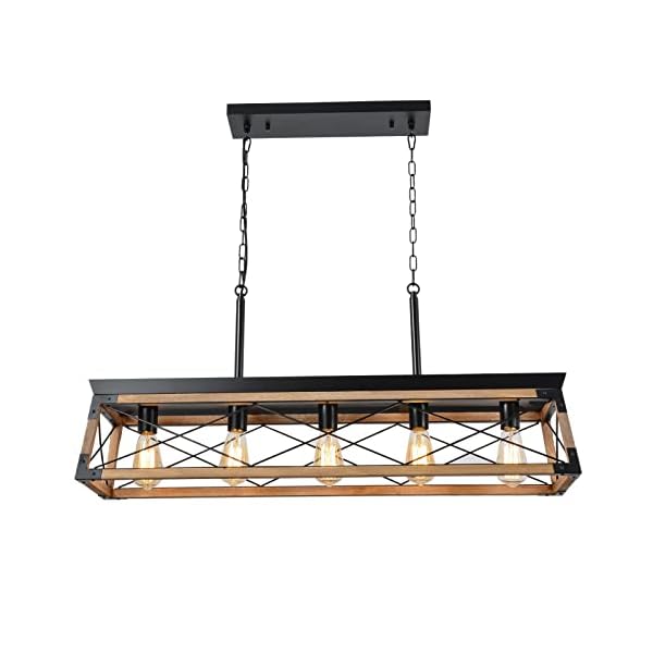 Bribyit Rustic Farmhouse Chandelier, Wood Dining Room Light Fixture, 5 Lights Rectangle Chandelier, Kitchen Island Hanging Light for Dining Living Room, Pool Table, Bar