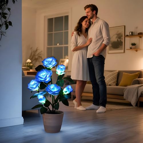 Image of Artificial Blue Rose Flower Lamp LED Lights, Flower Table Lamp for Bedroom Bar Coffee Shop Wedding Valentines Mothers Day Birthday Christmas - Unique Gifts for Women Her Girlfriend Wife Mom
