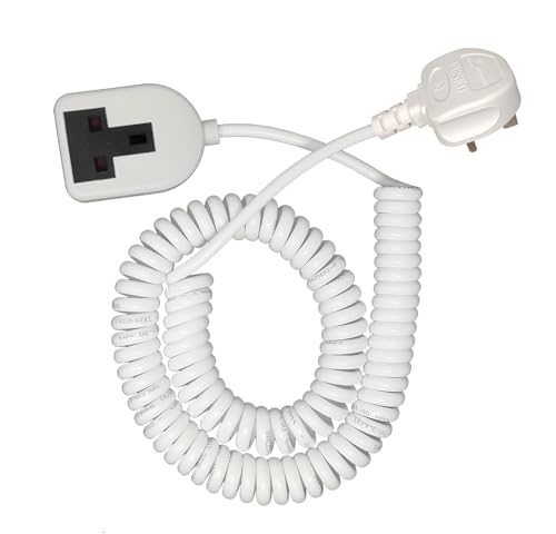 1 Gang Single Socket Curly Mains Power Extension Lead - 13A UK Plug to 13A UK Socket, Spiral Cable - 1m closed coil extendable to 3m