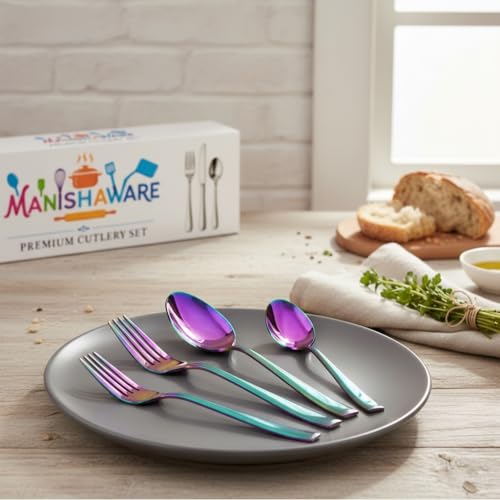 Image of Classic Rainbow 4 Pcs Stainless Steel Cutlery Set for Dining Table, Dishwasher Safe Glossy Flatware (Perfect Spoon Fork Set)