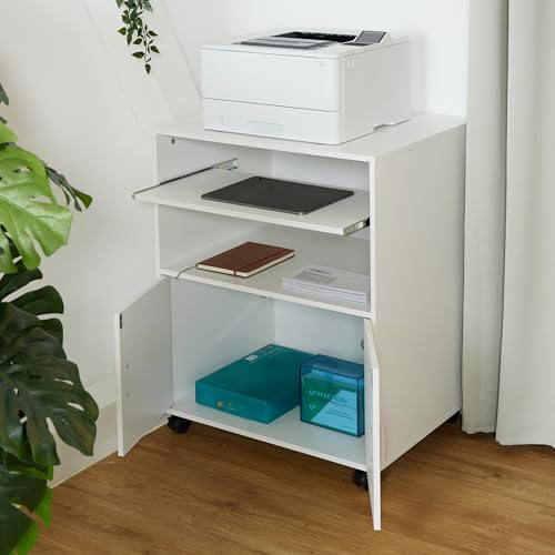 Relaxdays Rollcontainer mit 2 Fächern & Tastaturauszug, Druckertisch mit Rollen, HBT: 74 x 60 x 48 cm, Büroschrank, weiß