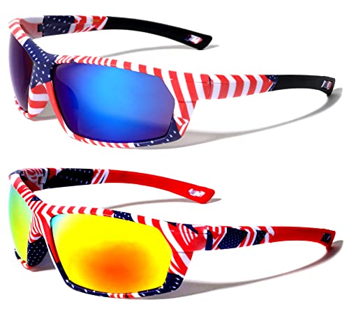 V.W.E. 2 Pairs Men USA Patriotic Sport Wrap Around Sunglasses With Mirror Lens - UV Protection