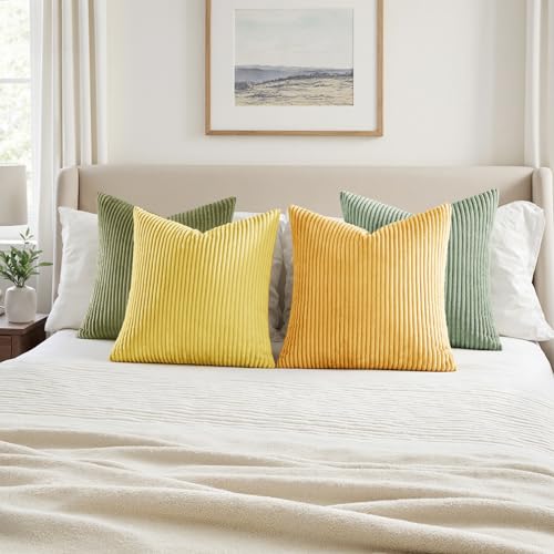 Image of MIULEE Boho Farmhouse Yellow Green Throw Pillow Covers 18x18 Inch Set of 4 Mordern Nordic Cushion Covers Soft Corduroy Spring Home Decor for Couch Bed Sofa Living Room