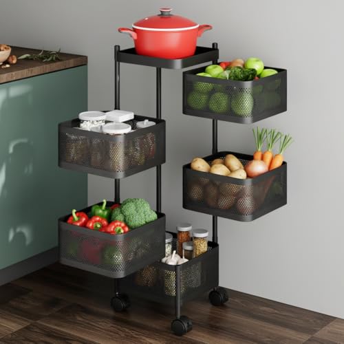 Image of KRISHYAM 5-Tier Metal Kitchen Trolley with Wheels | Multi Layer Kitchen Storage Rack | Vegetable Trolley & Onion Rack in Kitchen | Multipurpose Organizer Black (5-Tier Square)