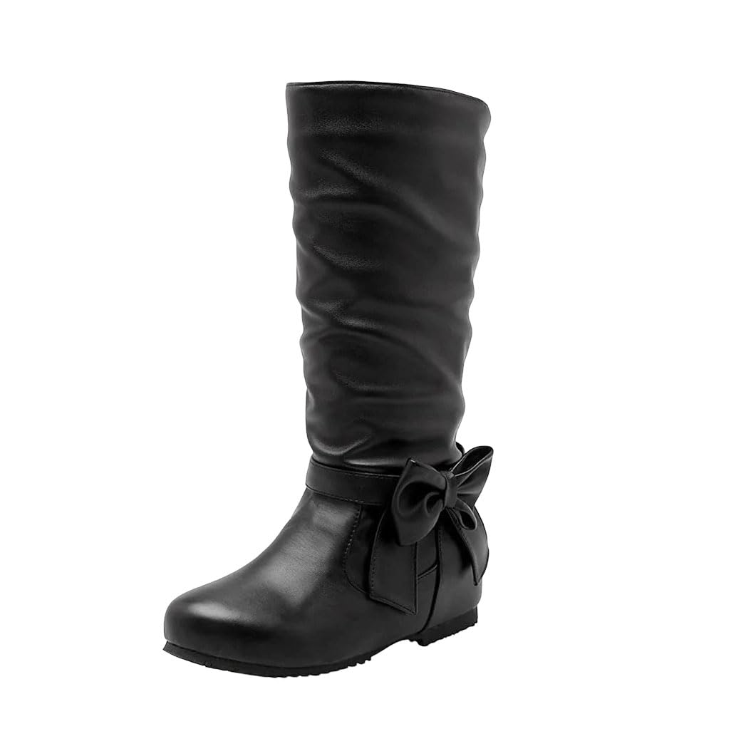 Womens Warm Mid Calf Boots Soft Leather Bow Design Wedge Heel Round Toe Fashion Winter Footwear