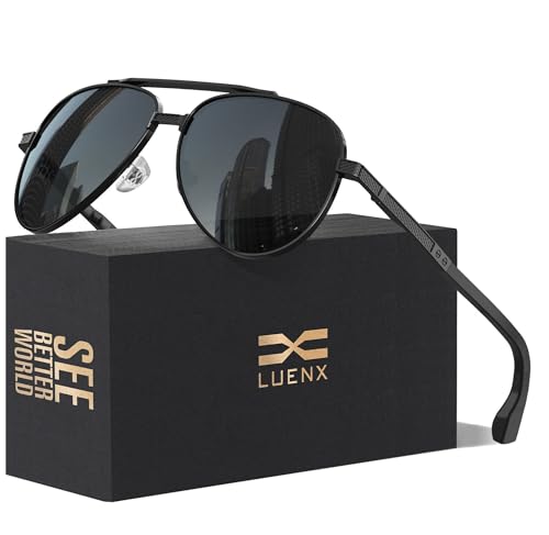 LUENX Aviator Sunglasses for Men Polarized Driving Sun Glasses UV400 Protection 60mm,Black Lens Black Frame