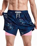 maamgic 5.5" 2 en 1 Bañador con Forro de Compresión con Cremallera Hombre Shorts de Baño Shorts de Playa Traje de Baño para Natación Secado Rápido para Vacaciones Palmera Rosa 5.5 XS