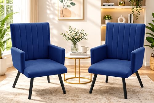 Image of Rosebell Modern Velvet Office Chairs Set of 2 with Armrests & Metal Legs | Upholstered High Back Leisure Chairs for Living Room, Bedroom, Office, Cafe & Dining Room | Blue