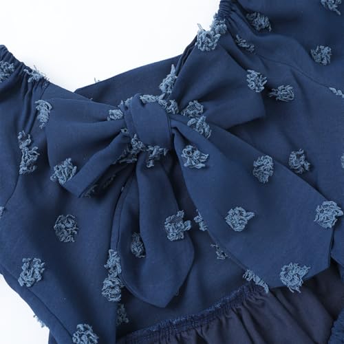 Image of HILEELANG Girls Summer Dress Bow Tie Back A-Line Party Dress for Little Big Girls Short Sleeve Dress with Lining 6-12 Years