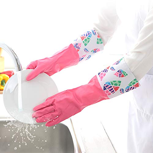KINGFINGER Rubber Latex Waterproof Dishwashing Gloves,Long Cuff and Flock Lining Household Cleaning Gloves 2 Pair Medium