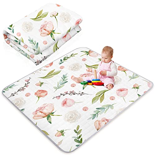Image of Flower Theme Portable Baby Play Mat, 43 x 43 Inch Washable Foldable Crawling Mat, Non Slip Playmat for Babies, Kids Play Mats Pad for Floor Playpen Toddler Infants Tummy Time Activity