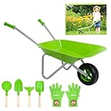 Riuuyyi 手押し車セット子供用 運搬用 一輪車 キッズ 手押し車 ミニ 運搬カート 軽量 スチール製 シャベル、熊手付き 子供用 砂遊び ガーデニング (グリーン)