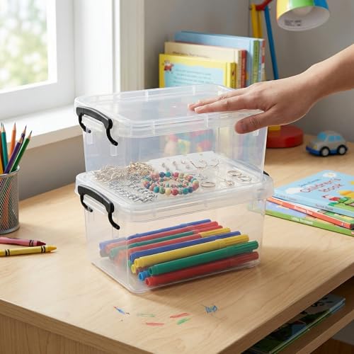 Image of 2 Pack Clear Storage Latch Bins, 2 Qt Small Storage Bins with Lids for Organizing, Plastic Storage Container Stackable Box for Home & Office, BPA-Free, Clear White