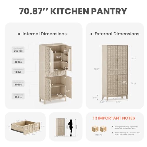 Image of Pantry Cabinet, 71 inch Tall Pantry Cabinet,Modern Kitchen Cabinet with Doors, Drawers & Adjustable Shelves, Freestanding Food Pantry Cupboard with Side Rack for Kitchen Dining Room,Oak