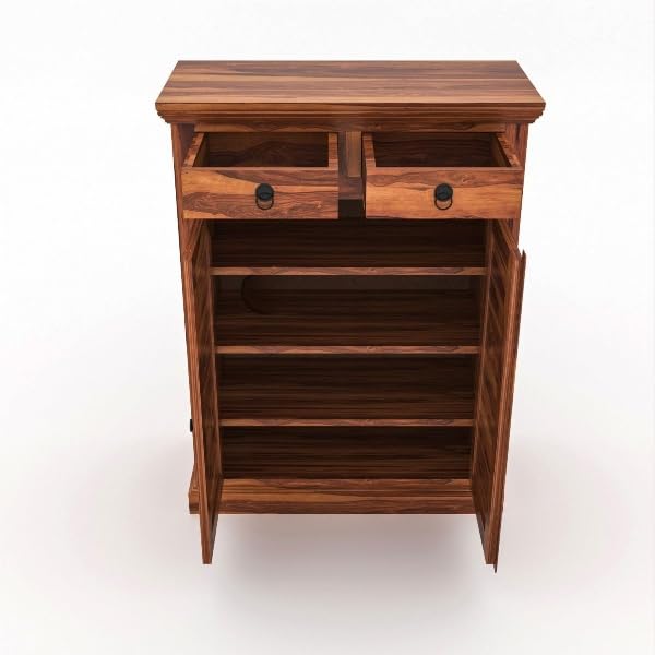 Image of VK Furniture Solid Sheesham Wood Shoe Rack with Drawers & Cabinet | Wooden Shoe Organizer for Hallway, Living Room & Entryway Handmade Shoe Storage (Honey Finish)