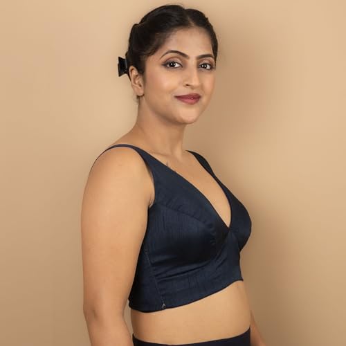 Image of FIGURE'S DESIGNER Women's Dupion Raw Silk Sleeveless V Neck Sabyasachi Cut Readymade Saree Blouse Padded Stitched S4