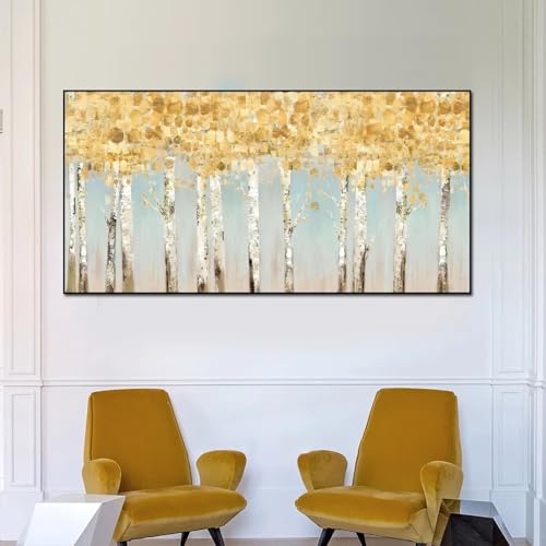Peinture à l'huile abstraite de forêt jaune 100x170cm grand format encadré