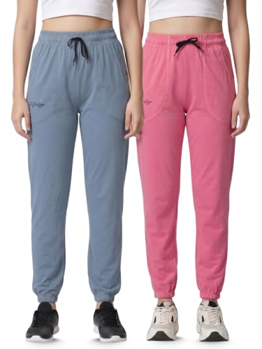 Image of Fflirtygo Cotton Solid Joggers /Track Pant /Solid Pajama /Leggings �100% Export Quality Soft Cotton Night Wear /Pocket Pyjama for Women Combo Pack of 2Pcs, Blue and Grey