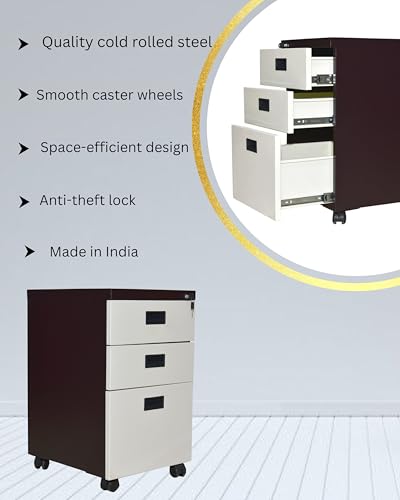 Image of Amazon Brand - Solimo 3 Drawer Steel Pedestal Cabinet | Lockable Powder Coated Filing Cabinet for Files, Documents & Stationery | Office Storage Unit (Brown, Pedestal with Wheels)