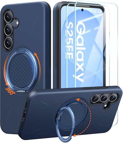 JAME for Samsung Galaxy S25 FE Case, Ring Holder Stand Kickstand, 2 Packs Screen Protector, Dual Layer Shockproof Protective Cover, Magnetic Accessory Friendly Galaxy S25 FE Phone Case, Blue