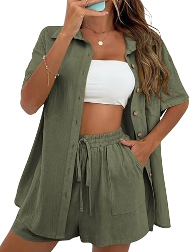 Image of SeekMe Linen Short Sets for Women Short Sleeve Top Shorts 2 Piece Summer Beach Vacation Outfits Lounge Tracksuits