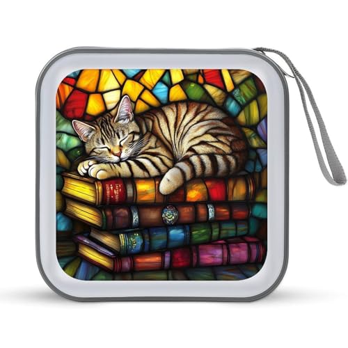 Jubonexis Simpatico gatto soriano che dorme sui libri custodia per CD DVD custodia portatile per auto casa viaggio