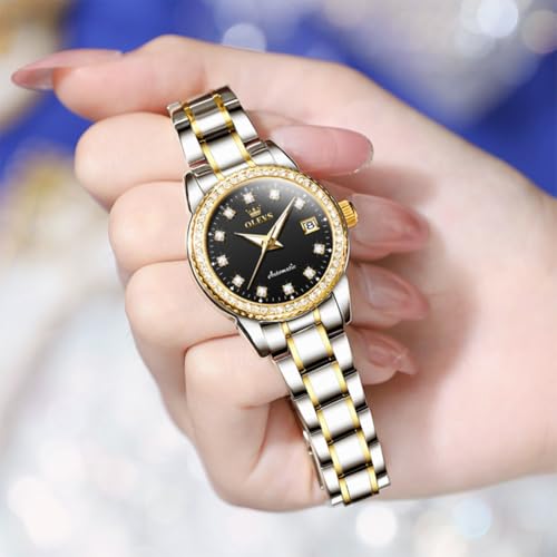 Image of OLEVS Women's Automatic Watch Luxury Mechanical Stainless Steel Two Tone Waterproof Self Winding Dress Small Ladies with Date Diamond Elegant Casual Business Wristwatch Gold /Blue /Black /White