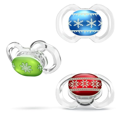 Smilo Baby Christmas Pacifier - 3 Pack of Slimline Dummies for Babies from 9+ Months - 100% Silicone Glow in the Dark Binky BPA Free - Christmas Ornaments