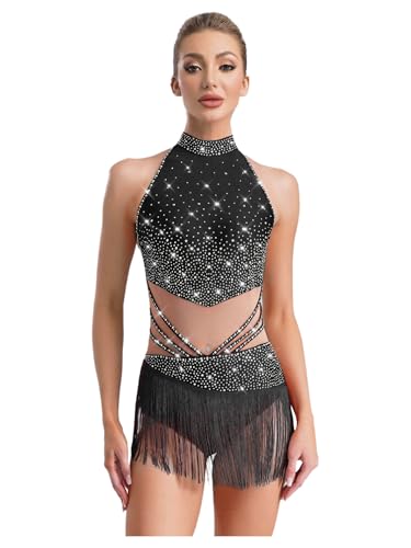 Manyakai Vestido de Baile Latino para Mujer Maillot con Flecos sin Mangas con Pedrería Brillante Maillot Leotardo de Gimnasia Vestido de Danza Contemporánea Negro XL