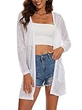 Spicy Sandia Women's Lightweight Sheer Cardigan for Summer Long Sleeve Open Front Solid Kimono with Pockets Spring White L