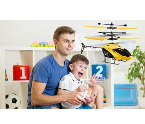Image of RC Helicopter with Hand Gravity Sensor for Kids Flying Remote Control Toy, Chargeable LED Light & Smart Safety Sensor, Indoor Outdoor Play, for Boys & Girls - Pack of 1 (Yellow)