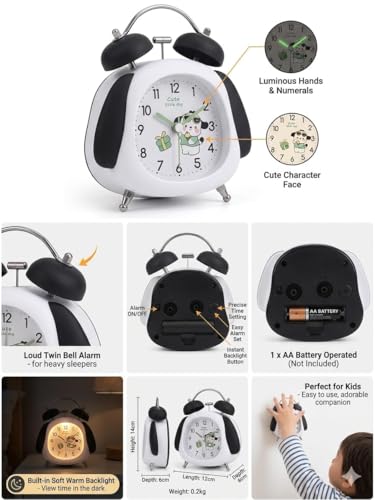 Image of RUCON Twin Bell Alarm Clock for Bedroom | Super Loud Analog Alarm Clock for Heavy Sleepers | Night Light | Metal Table Clock for Home, Office & Kids (White Panda)