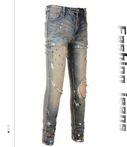Jeans Pants Trousers Denim Elastic Slim Fit Personalized Graffiti Spray Paint Spot Blue Retro Wear Hole Burr Edge Tassel Small Foot Casual Straight Leg for Men(Light Blue,29)3