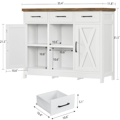 Image of TEENFON Storage Cabinet, Coffee Bar Cabinet with 3 Drawers, 2 Adjustable Shelves & 2 Doors, Buffet Cabinet, Kitchen Cabinet for Kitchen, Dining Room, Living Room, White