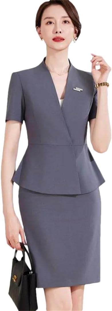 Women's Summer Lapel Hidden Breasted Short Sleeve Suit Jacket And Above Knee Mini Skirt Set