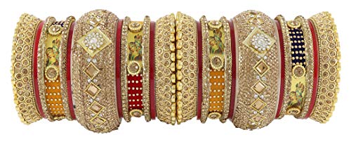 Image of NMII Traditional Gold Plated Acrylic Bangles Bridal Chuda Set For Women & Girls with Zircon Diamond & Pearls Beads Work | Royal Wedding Chudas | Premium Look | Bangles For Wedding, Festive, Function