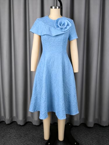 Image of AOMEI Women's Irregular Neck with Flower Short Puff Sleeve High Waist A-Line Jacquard Dress