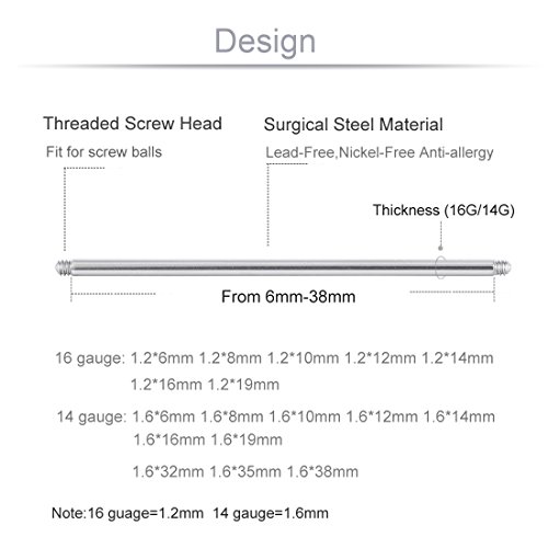 COTTVOTT 20pcs a Set Surgical Steel Threaded Barbell Bar Replacement for Tongue Earring Piercing Body Jewelry (Mix 20pcs)2