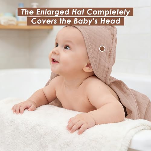 Image of Ease Cubs 3-Pack Muslin Hooded Baby Towels, 100% Cotton, Ultra-Soft & Absorbent Baby Bath Towels with Hood for Babies, Infant, Toddler and Newbron (Bean Paste Series,32 inch x 32 inch)