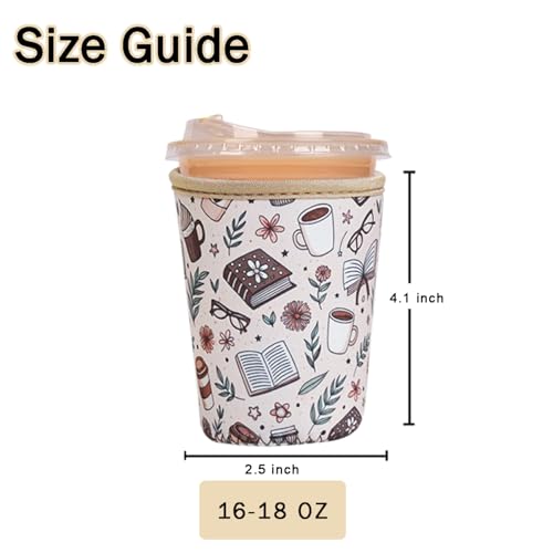 Image of Reusable Insulated Sleeve for Iced Coffee Cup, Coffee Neoprene Sleeve for Cold & Hot Drinks, Beverage Holder for Iced Coffee (Cafe Books, Small: 16-18oz)