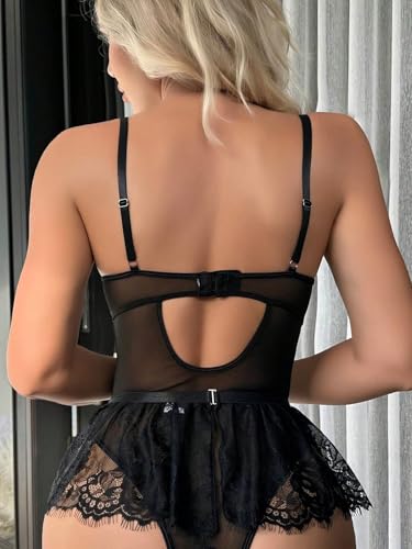 Women Lingerie Set Naughty Lace Bodysuit High Waisted Underwire Lingerie Babydoll With Garter Belt and Stockings
