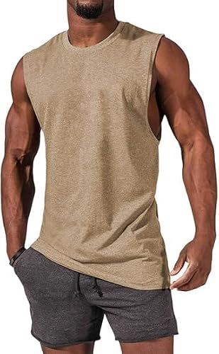 Image of Runcati Men's Sleeveless Tank Tops Crewneck Solid Loose Fit Shirt Khaki M