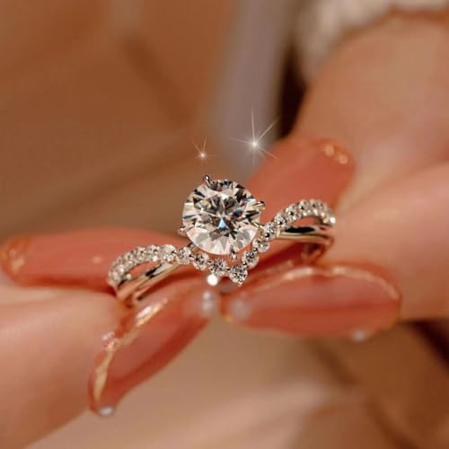 Crown-Inspired Moissanite Engagement Ring for Women, 4-Prong Solitaire with Pave Accents, Silver-Tone Adjustable Band