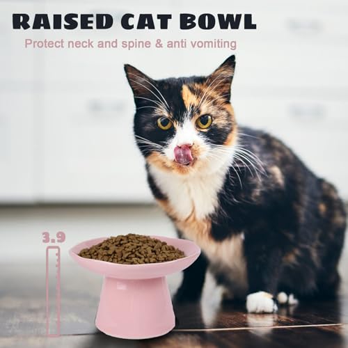 Image of Extra Wide 6.1 inch Raised Cat Food Bowl, Shallow Ceramic Elevated Cat Feeder Bowl, Anti Vomiting, Stress Free, Whisker Fatigue, Pet Food or Water Bowl, Pink