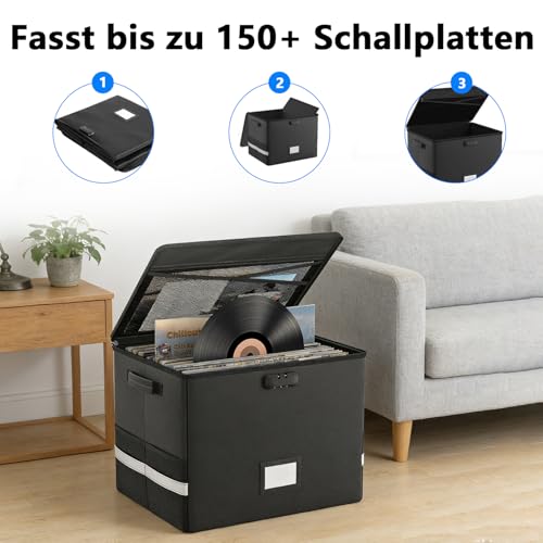 Feuerfest Schallplatten Aufbewahrung Box, Plattenkoffer mit Mit Deckel Griffen Und Schloss Für Bis zur 100+ Schallplatten, Zusammenklappbare Vinyl Schallplattenkoffer für Aufbewahrung Wertvoller Alben