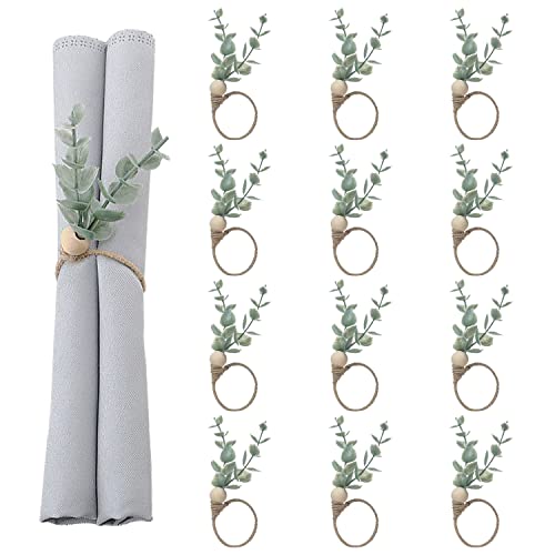 MLURCU Juego de 12 servilleteros de hoja de eucalipto para Navidad, Acción de Gracias, Pascua y decoración de mesa de primavera